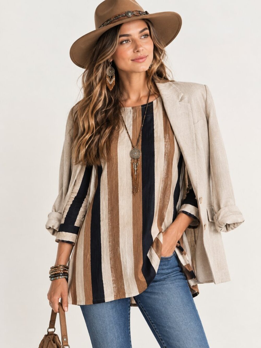 CHICO’S Women's Black Tan & Ivory Stripe Tunic Sweater Small S Lightweight Boho